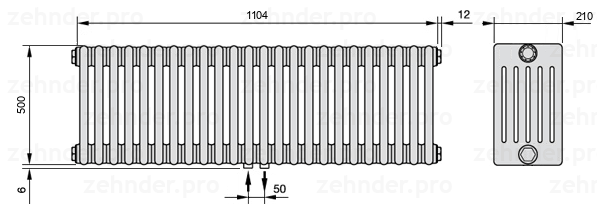 Схема (чертеж) Радиатор Zehnder Charleston 6050/24 №3470 Белый глянцевый RAL 9016